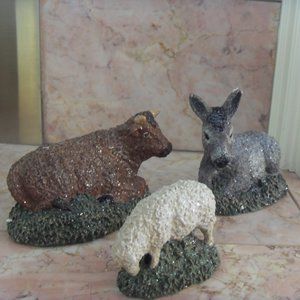 Belsnickle Nativity: Donkey/Ox/Sheep Figurines - set of 3
